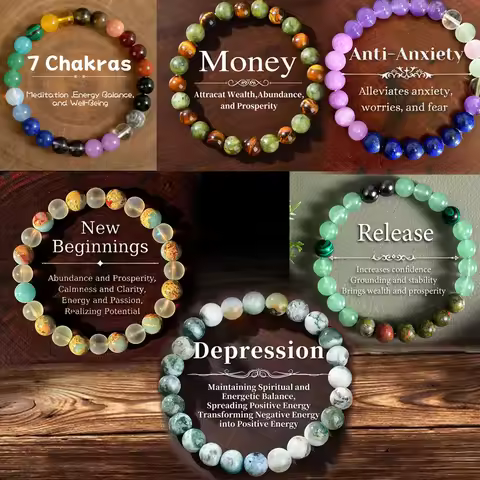 Natural Stone Symbolic Beaded Bracelet Women Men Anxiety Relief Protection Money Spiritual Inner Sel