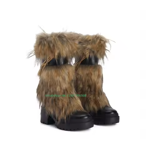 Lady fur beige chain-link design calf boots round toe mid block heel punk black boots winter fall dr