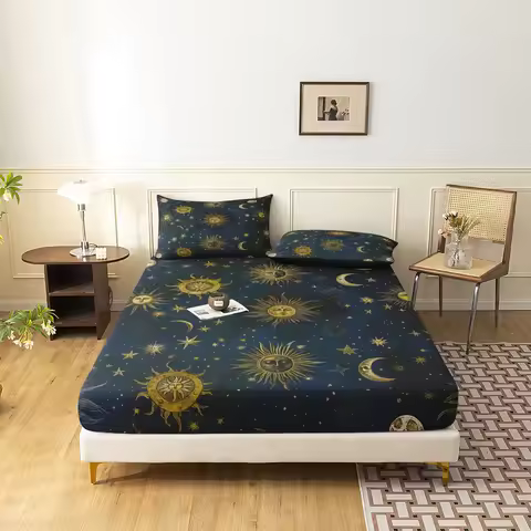 3 Pieces Dark Blue Celestial Sun Moon Fitted Sheet Bedding Set, Vintage Star Galaxy Print Bedding, B