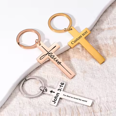 1pcs Stainless Steel Cross Keychain Custom Christian Bible Verse Metal Pendant Faithful Christian Gi