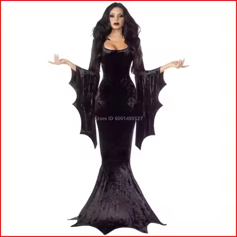 Costume Morticia Addams Long Train Dress Halloween Terror Dark Outfit Gothic Gown Robe Bat Sleeve Ho