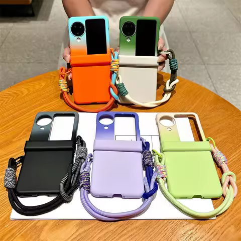 Hinge Full Protection with Braided Colorful Wrist Hand Strap Lanyard Gradient Color Hard PC Phone Ca