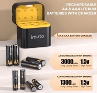 imuto 可充電 AA 電池 附充電器 3000mWh AA 鋰電池  8個插槽收納盒 風格鋰電池充電器，1.5V 2A 輸出，1600+循環壽命，2.5H 快速充電