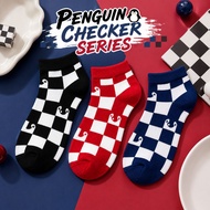 Qstar Penguin Checker Cotton Ankle Socks Cute Casual Women Socks Stokin Pendek Wanita Corak Penguin 