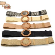 feng Summer Women Elastic Belt Round Buckle Vintage Boho Straw Woven Belt Dress Belt fei