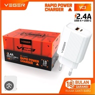 [Price Perpcs] VEGER VC3 Travel Adapter 2.4A USB Charger+USB-C Perpcs