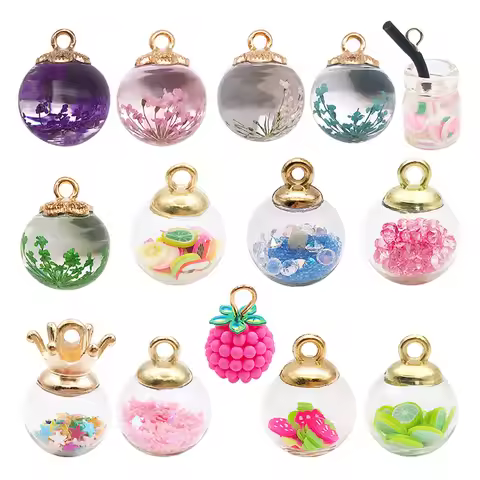 14pcs Round Crystal Glass Ball Pendants, Star-Shaped Quicksand Glitter Charms for DIY Bracelets, Bea
