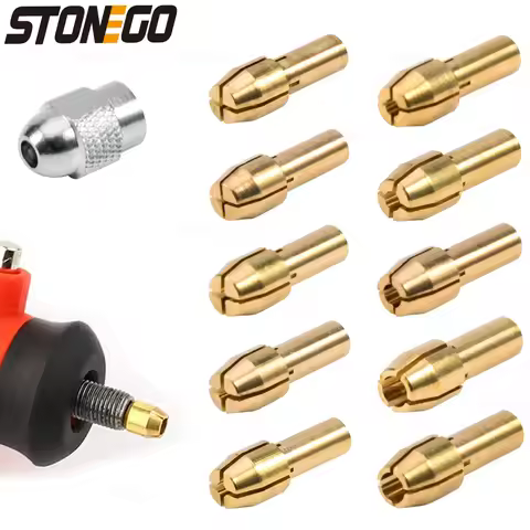 STONEGO 11Pcs Mini Drill Brass Chuck Set, 4.3mm Shank, 0.5-3.2mm Chuck, M8 x 0.75 Nut, Rotary Tool A