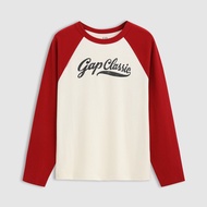 เสื้อยืดคอกลมแขนยาวผ้าฝ้ายแท้ Gap ฤดูใบไม้ร่วง/ฤดูหนาว 2024 แฟชั่นใหม่ พิมพ์โลโก้สีตัดกัน แขนยาว ผ้า