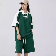 全城熱賣 - Polo領短袖短褲兩件套【墨綠色】【S-XXXL碼】（下單後請聯絡客服確認發貨尺碼）