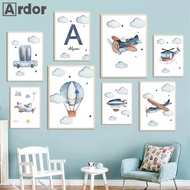 Hot Air Balloon Poster  Name Art Painting Blue Helicopter Plane Print Pictures,No Frame Canvas Paint