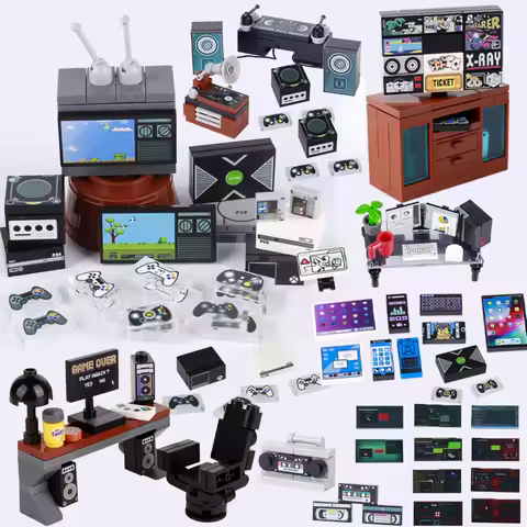 MOC City Frniture Building Blocks Street View Vintage TV Television Games Console Computer Table Acc