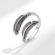 小眾設計復古泰銀戒潮男開口羽毛銀戒指 可調節嘻哈復古銀飾 （平行進口）（快遞送貨上門）