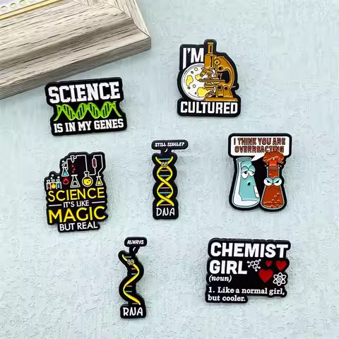 Vintage Chemical Biology Chromosome Design Metal Enamel Brooch Exquisite Microscope DNA/RNA Beaker P