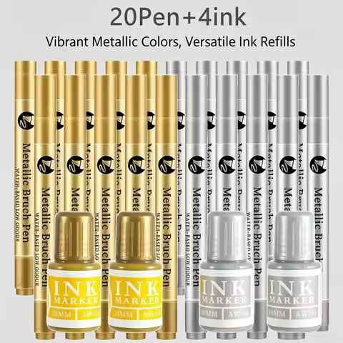 Gold Silver ink Pen Set Refillable Metallic Paint Marker Brush Permanent Art Markers for Glass Ceram