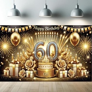 60th Happy Birthday Photography Backdrop Gold and Black Party Banner Elegant Diamond Number Balloon 