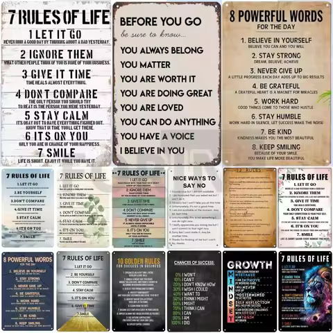Inspirational Phrases Metal Sign-10 Golden Rules-7 Rules of Life-Success Notes-English Poster for Co