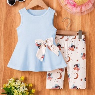 ชุดลำลองสำหรับฤดูร้อนสำหรับเด็กผู้หญิง 2 ชิ้น/เซ็ต - เสื้อแขนกุดลายเด็กผู้หญิงและพระจันทร์เข้าคู่กับ