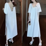 【45-150kg】 慵懒风大码300斤胖mm性感露背薄款短袖孕妇裙V领T恤女连衣裙Lazy wind plus size 300 pounds fat mm sexy backless thin s