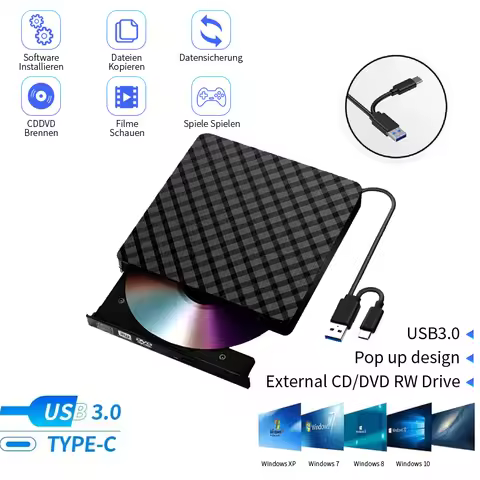 2in1 External CD DVD Drive USB3.0 Type C DVD RW CD Player Writer Drive Reader blu ray Burner Optical