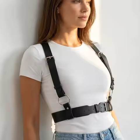 Women PU Leather Harness Belt Gothic Adjustable Punk Chest Strap Exotic Fashion Retro O-ring Belt Y2