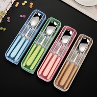 Ins Cute Student Stainless Steel Ceramic Handle Portable Tableware Set Working Chopsticks Soup Spoon