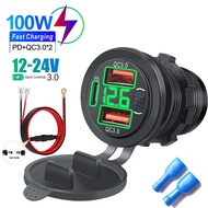 12/24V Three Port USB Charger Socket USB-C PD & Dual QC 3.0 With Voltmeter Power Switch Car Charger