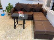 sala set L shape brown leather sofa with glass table uratexfoam cod !!!