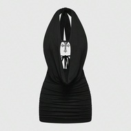 Sexy Leopard Print Cross Pendant Lace Up Draped Neck Mini Dress For Women, Suitable For Beach Vacati