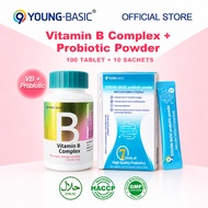9YOUNG-BASIC Vitamin B Complex 100 Tablets + Probiotic Powder 10 Sachets | Digestive & Daily Energy 
