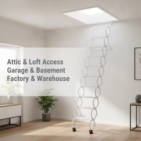 Wall Mounted Folding Ladder, 8 Steps Telescoping Retractable Stair, 440lbs Heavy Duty Steel Attic Lo