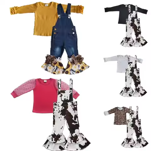Wholesale Western Baby Girl Denim Overalls Long Sleeves Shirt Cow Kid Children Toddler Bell Bottom P