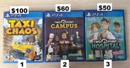 PS4 - Taxi Chaos, Two Point Campus / Hospital, Need for Speed Rivals, COD Black OPS, Rachet Clank