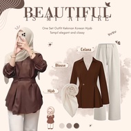 One Set 3in1 Trendy Choco Series | Hang Out Outfit | OOTD Look | Blouse + Pants + Hijab - BU121N