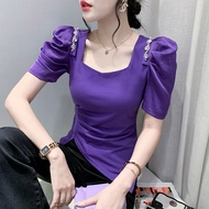 YIMEI เสื้อยืดกว่างโจวของผู้หญิงสวยๆ2023ฤดูร้อนร้อยลูกปัดอัดพลีตเสื้อแขนเปิดไหล่สั้นผู้หญิงเสื้อยืดส