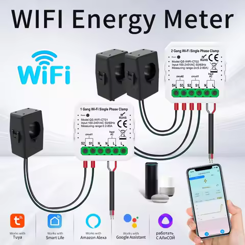 Tuya Smart WiFi Energy Meter 1/2CH Current Transformer Clamp Solar PV System Export Import Power Pro