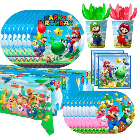 161pcs Super Mario Party Decorations Tableware Set-Mario Party Plates Cups Napkins Table Cloth etc S