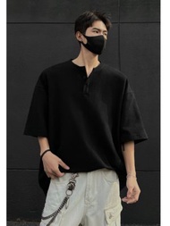 華夫格亨利領短袖T恤男 夏季透氣重磅寬鬆休閒上衣 韓版潮牌- 白色 M