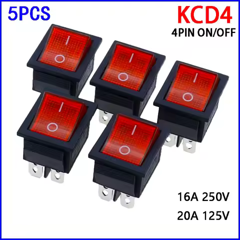 5pcs 2 Position Red Light Rocker Switch 16A/250V KCD4-20 4 Pin ON/OFF Toggle Switches 35 x 25.5 x 10