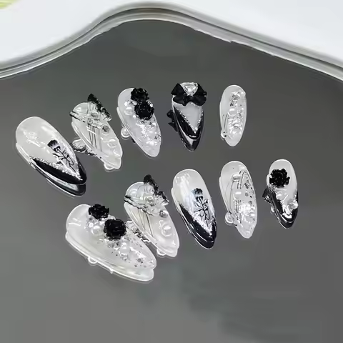 Handmade Press on Nails 3D Black Rose Flower Fake Nails Ins Almond False Nails Patches Ballerina Nai
