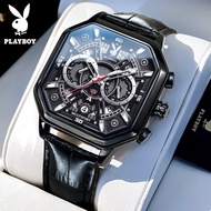 playboy watch for men นาฬิกา ผู้ชาย 100%ของแท้ กันน้ำ ปฏิทิน โครโนกราฟ สายหนัง หน้าปัดโครงกระดูก นาฬ