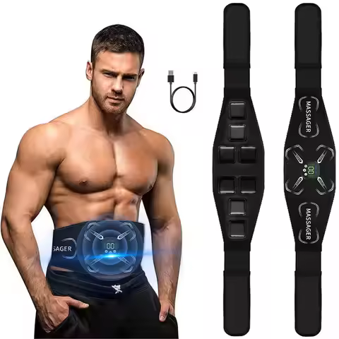 EMS Muscle Stimulator Ab Belt - Rechargeable Electronic Abdominal Toner for Core Strength - Fitness 