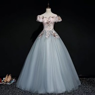 Elegant  Blue Banquet Evening Dresses Off Shoulder Lace Flower Embroidery Piano Performance Dresses 