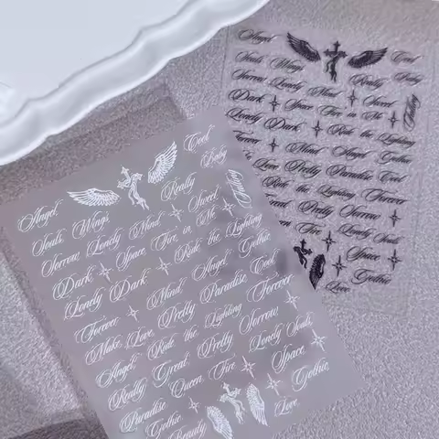 Black White Letter Words Nail Stickers Angel Wings letter Mixed Designs Holographic Y2K Nail DIY Dec