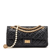 Chanel Black Quilted Aged Calfskin Mirror Charm Imitation Pearl Chain Small 2.55 Reissue East West Double Flap Gold Hardware, 2006