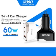 Dosen Car Charger Fast Charging 3 Ports 60W 1 USB 2 Type-C QC3.0 Compact Aluminum Shell 12-24V Safe 