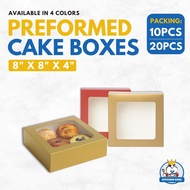 Preformed Cake Box 8x8x4 inches (White, Red, Gold, Kraft) With Window | Square Cake Pastry Box