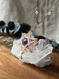 紫水晶球 可轉動  玻璃米珠x天然石 串珠吊墜 配寶石鏈