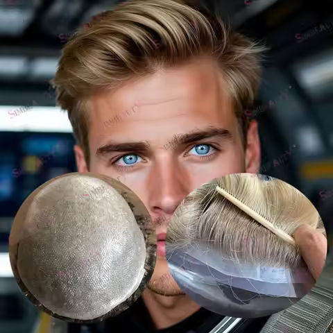 Super Durable 0.06mm-0.08mm Full Vlooped Skin Base Men Human Hair Wigs Realistic Natural Hairline Om