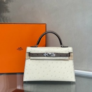 HERMES Mini kelly - 鴕鳥皮奶油白拚大象灰銀 K